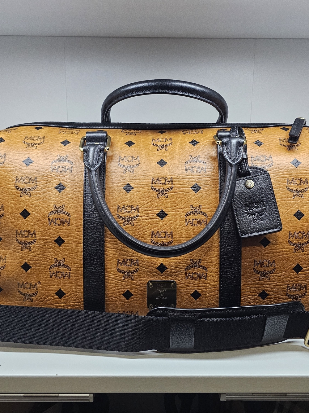 MCM Cognac Visetos Weekender Bag with Black Trim